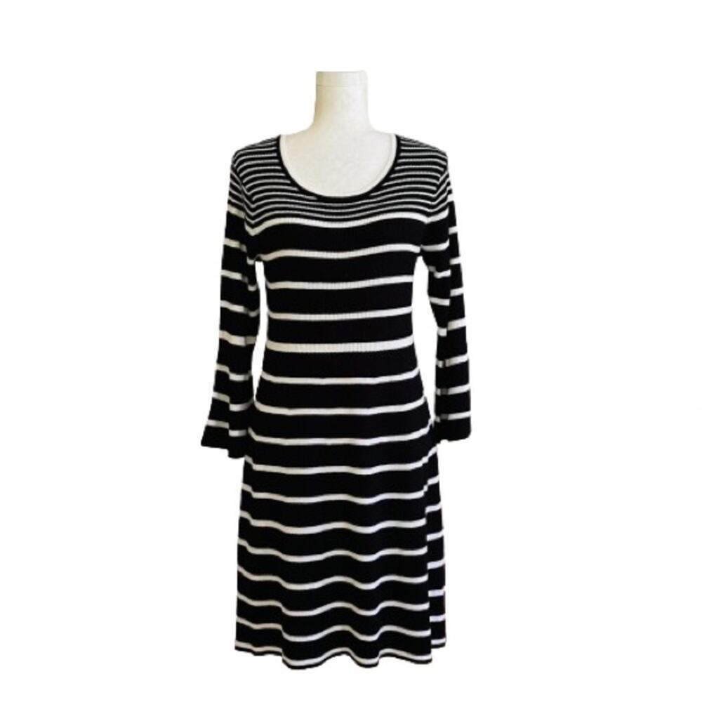 C Est 1946 Sweater Dress Black White Stripe Scoop Neck Long Sleeve Medium NEW